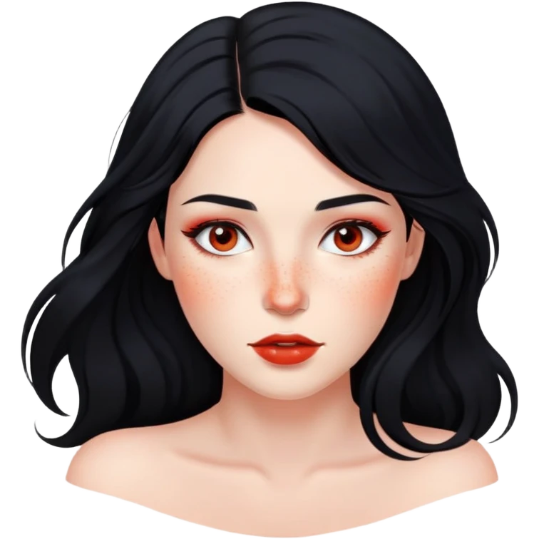 woman with flowing black hair, natural makeup, and prominent red freckles on face emoji