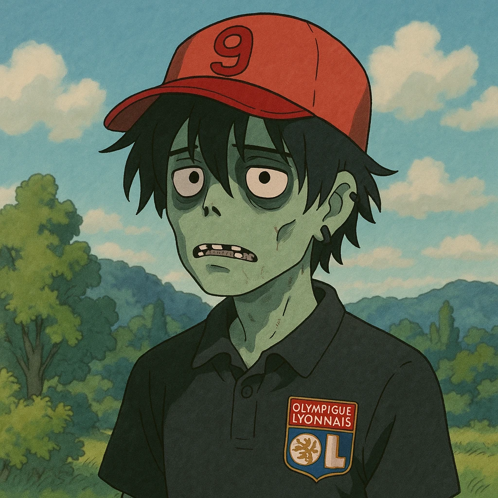 zombie boy, black emo hair, piercing, black polo shirt with Lyon logo, red cap with '9', ghibli-inspired style emoji