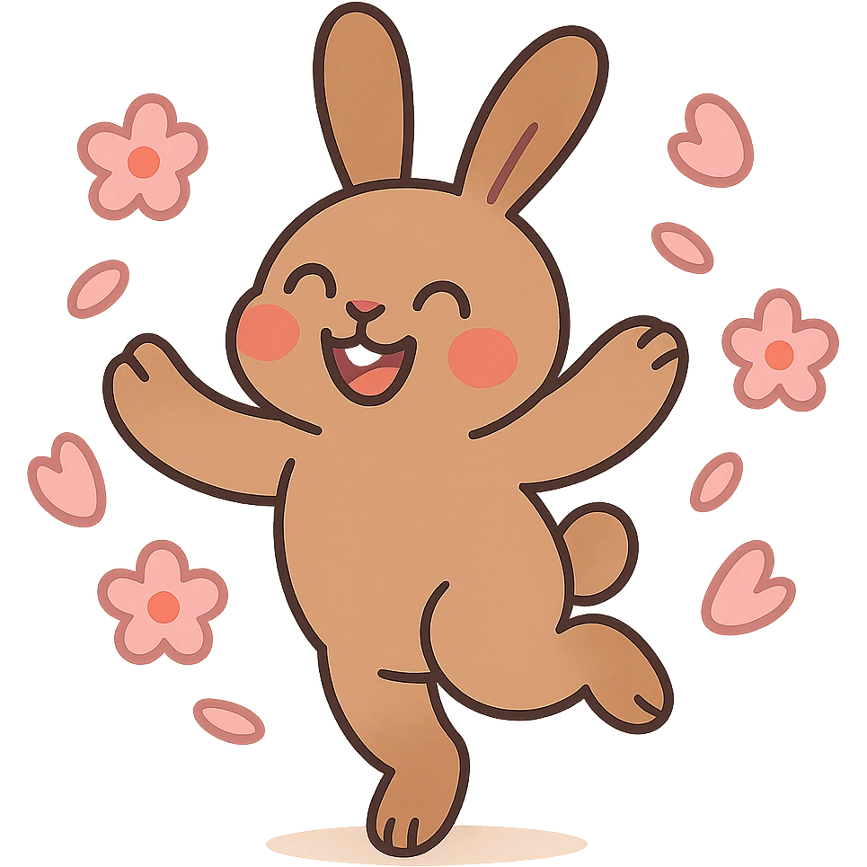 pale brown bunny spinning with flower petals around, pastel-toon style emoji