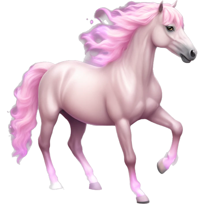Horse "A pastel pink horse with a glowing, flowing mane, shimmering hooves, and a magical light aura following its elegant strides." emoji