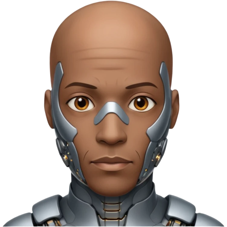 bald black man, vertical half of his face fully covered in cyborg augmentations emoji