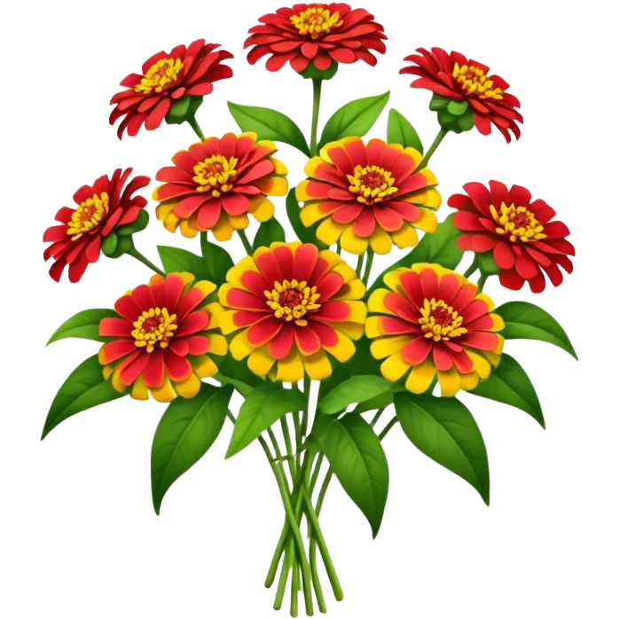 bouquet red Yellow Zinnia, luxuriant, stem, leaf emoji