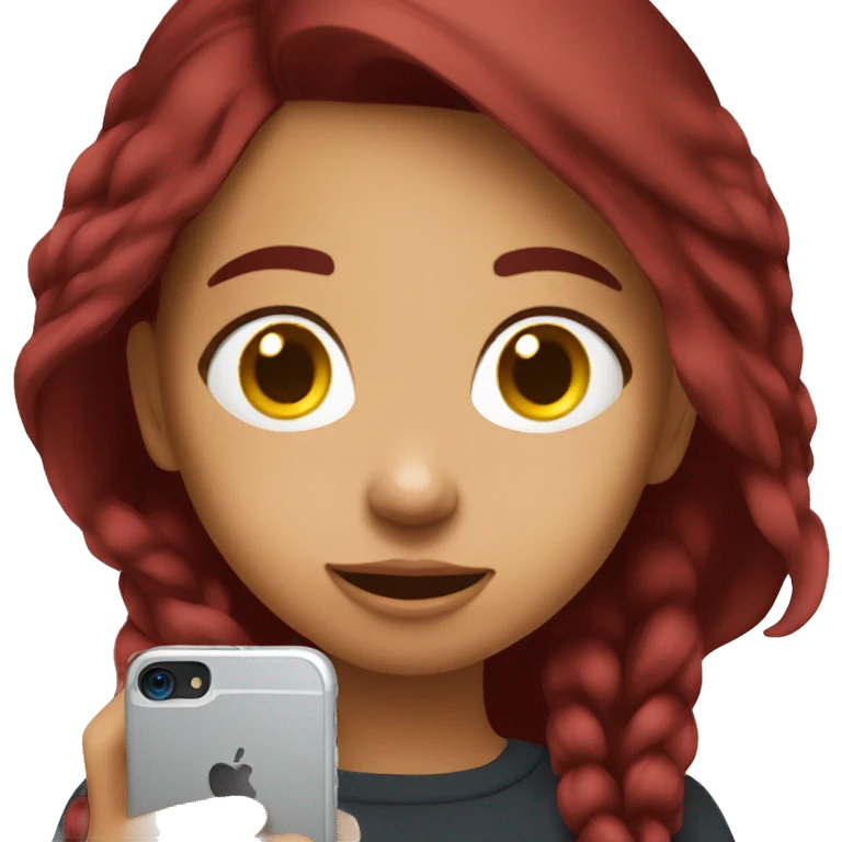 A girl with maroon hair is looking at her phone emoji