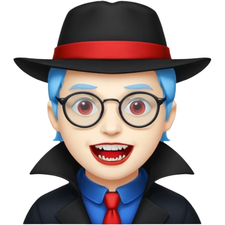 
vampire with blue hat,black coat with read collared ,teeth looks like vampire, with glasses emoji