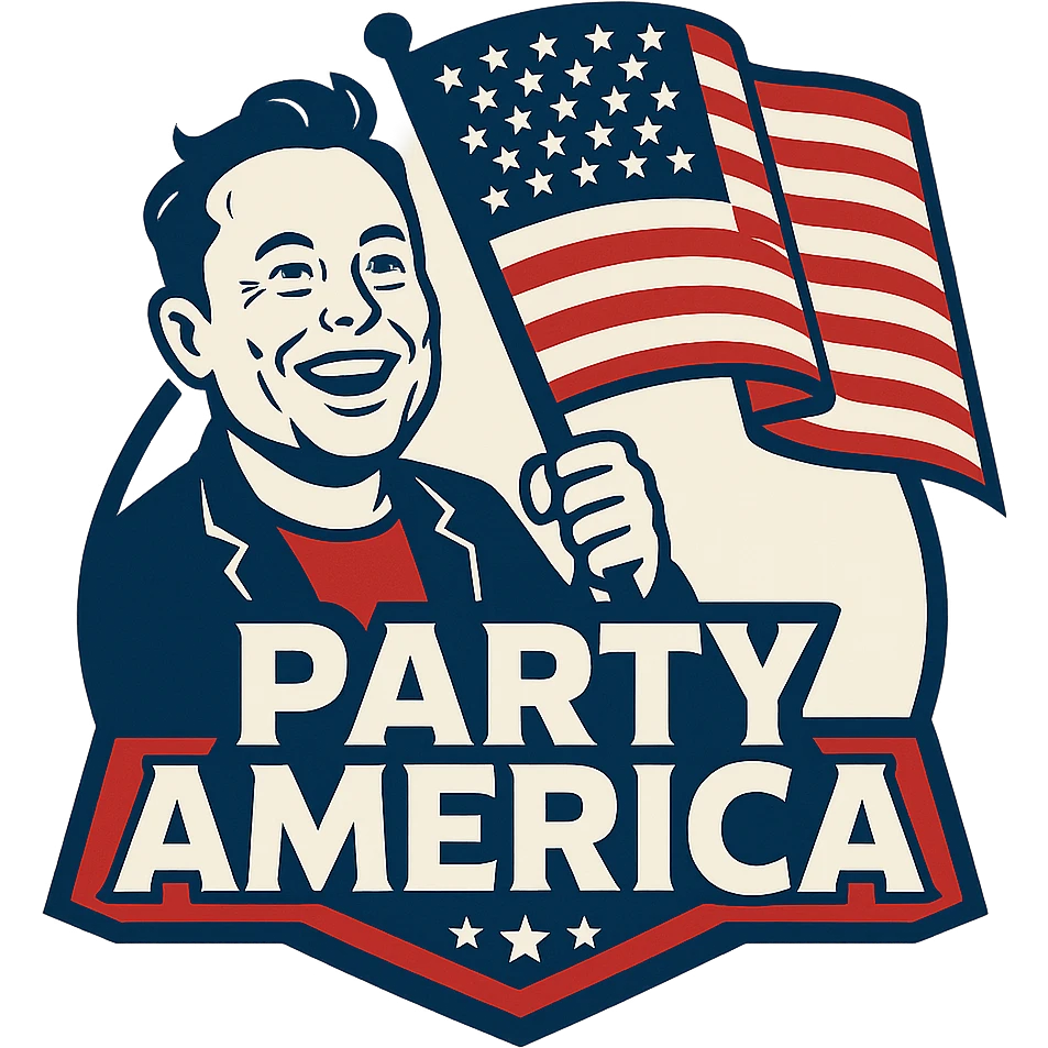 bold emblem for 'Party America' with a cartoonish creature resembling Elon Musk, holding a flag, and the words 'Party America' in a prominent, modern font, using US flag colors emoji