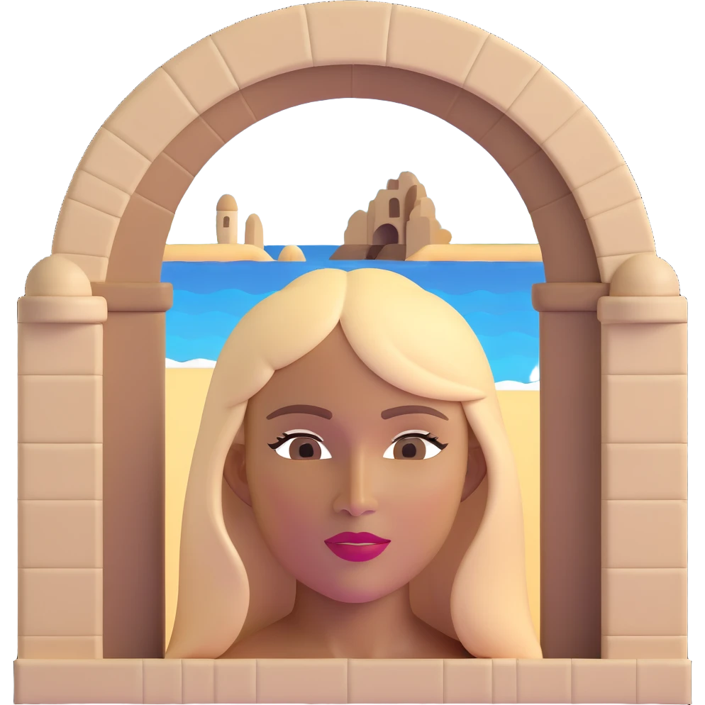 close-up of a woman's face with darker blonde straight hair, light brown skin, with the three iconic arches of Atalaia Beach (Aracaju-SE) prominently displayed very close in the background, middle arch taller with round tops, made of tiles emoji