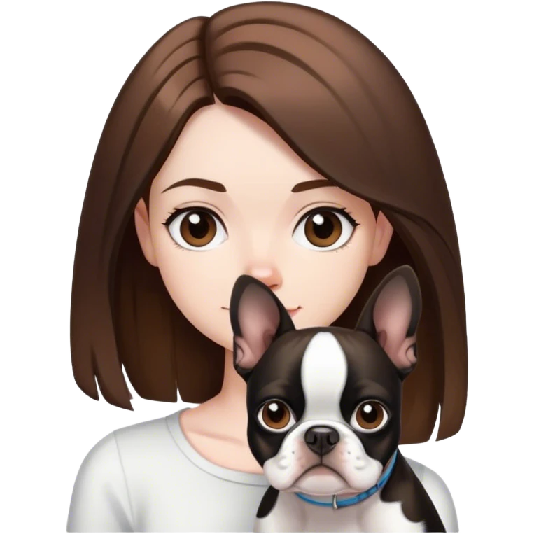 Pale girl with shoulder length, brown hair, and black and white Boston terrier emoji