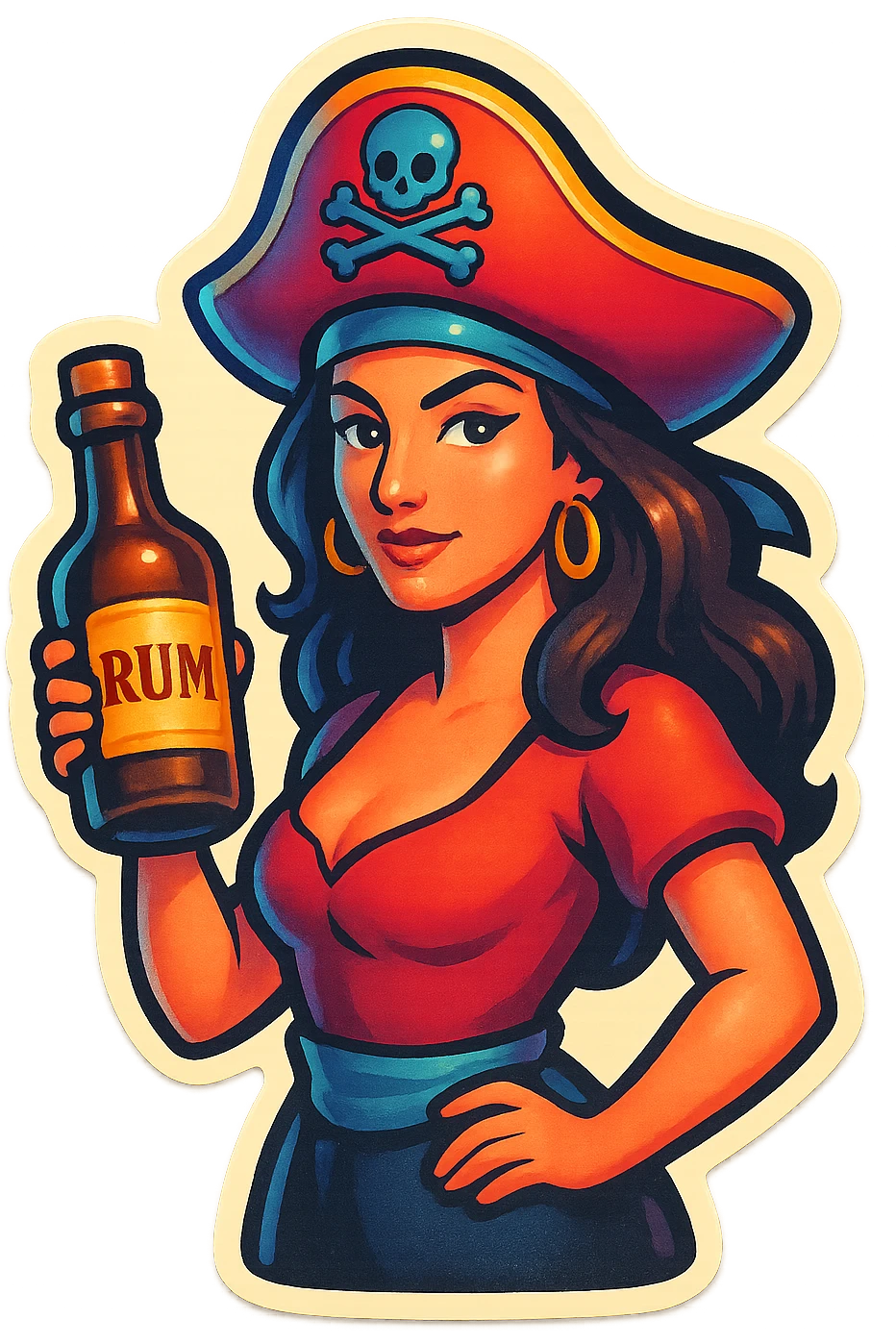 A sticker of a female pirate with a bottle of rum emoji