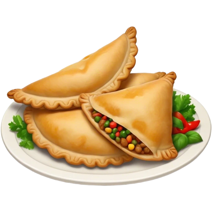 Cinematic Realistic Empanadas Dish Emoji, showcasing crispy fried turnovers filled with spiced meat and vegetables rendered with rich textures and dynamic, appetizing lighting. emoji