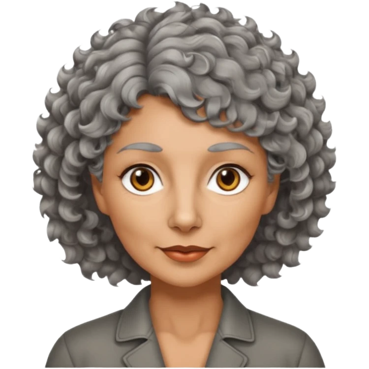 woman 50 years old, tanned skin, short grey curly-wavy wolf cut hair, brown eyes emoji
