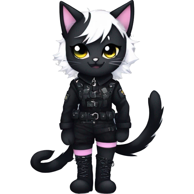 Gorgeous furry gothic dark techwear anime style anthro black cat fursona with blushing face aesthetic and pretty edgy black with collar and harness trending style emoji