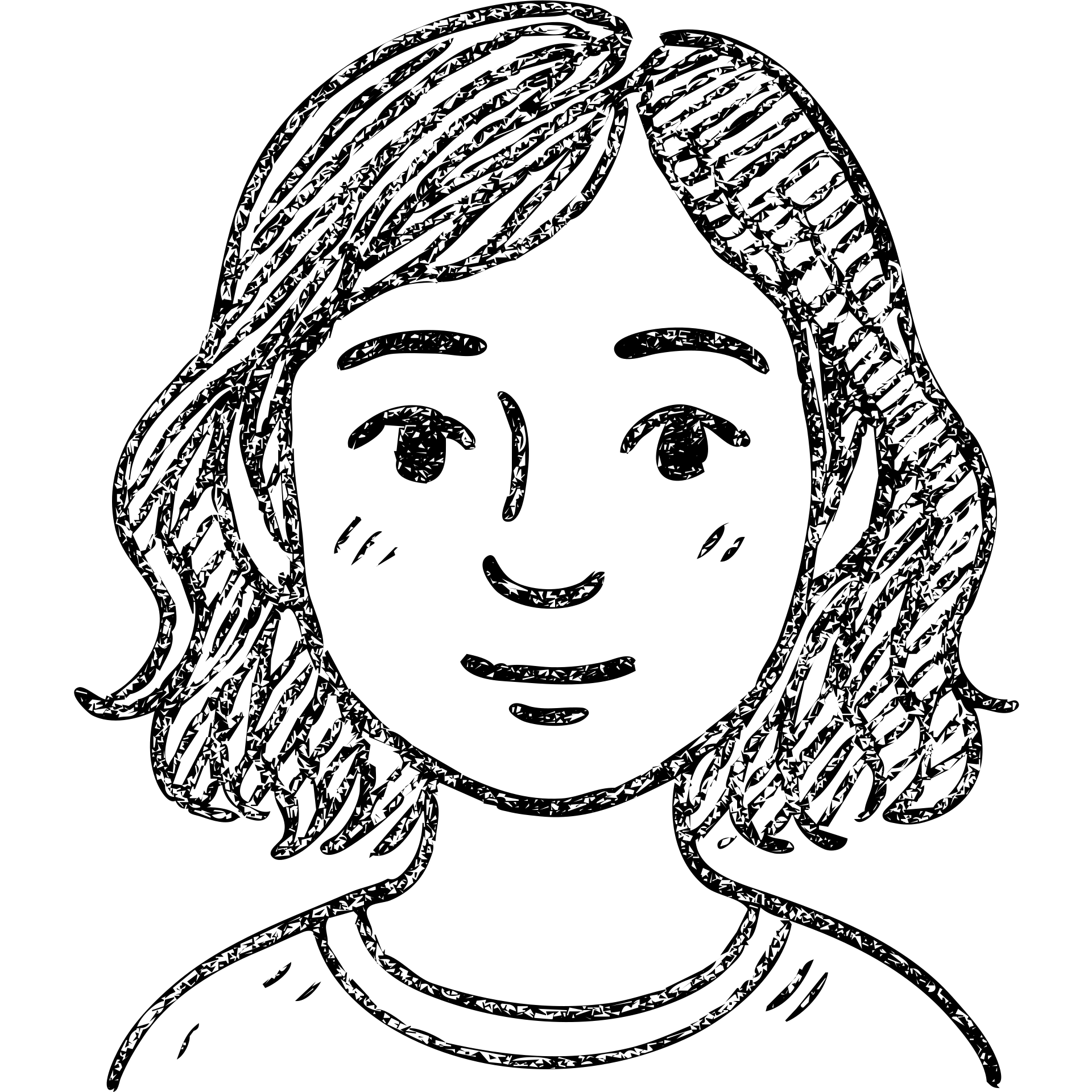 portrait of an Asian girl with medium brown wavy hair and brown eyes, hand-drawn outlined icon emoji