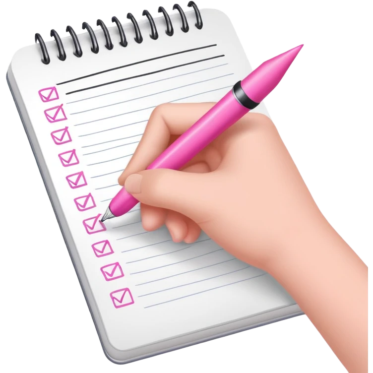 a hand writing a checklist with a pink pen in a notebook emoji