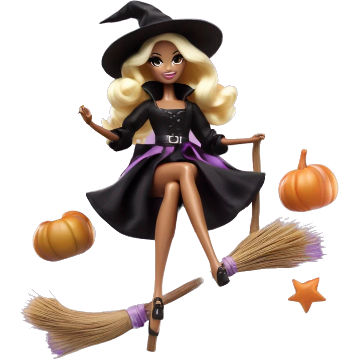 photogenic silkstone Barbie witches enchanted TV series floating gently on broomsticks emoji