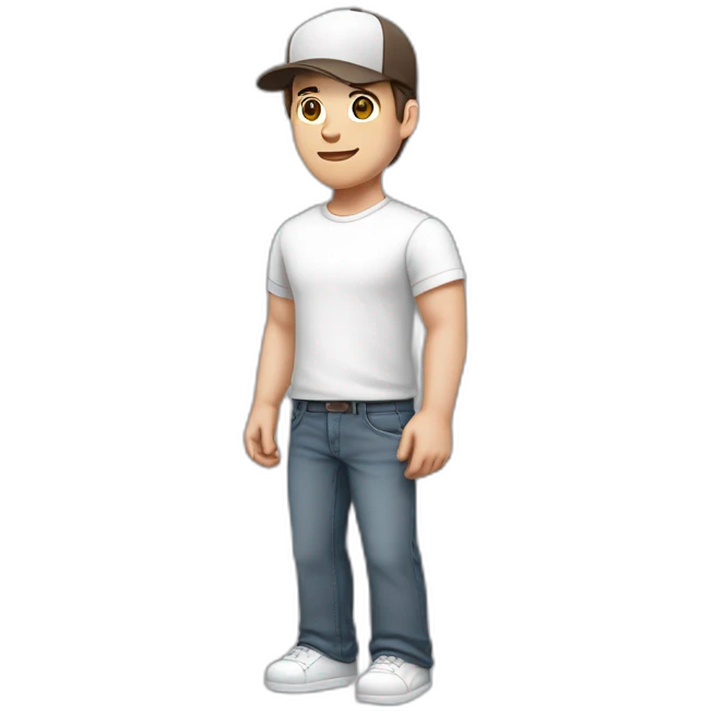 Pale skinned fit Man with dark brown hair in a light gray cap, dark brown jeans, brown polo and white T-shirt keeping a pasted with tape white box into his hands emoji