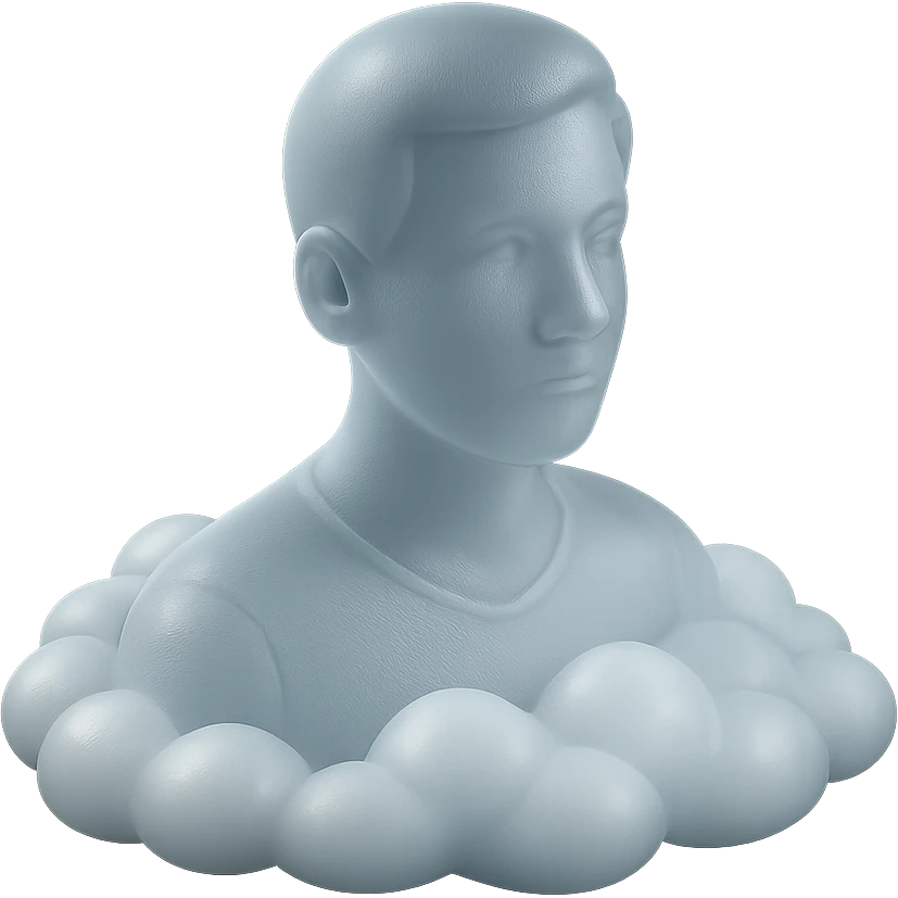 person looking straight, shoulders immersed in fluffy convex white clouds emoji