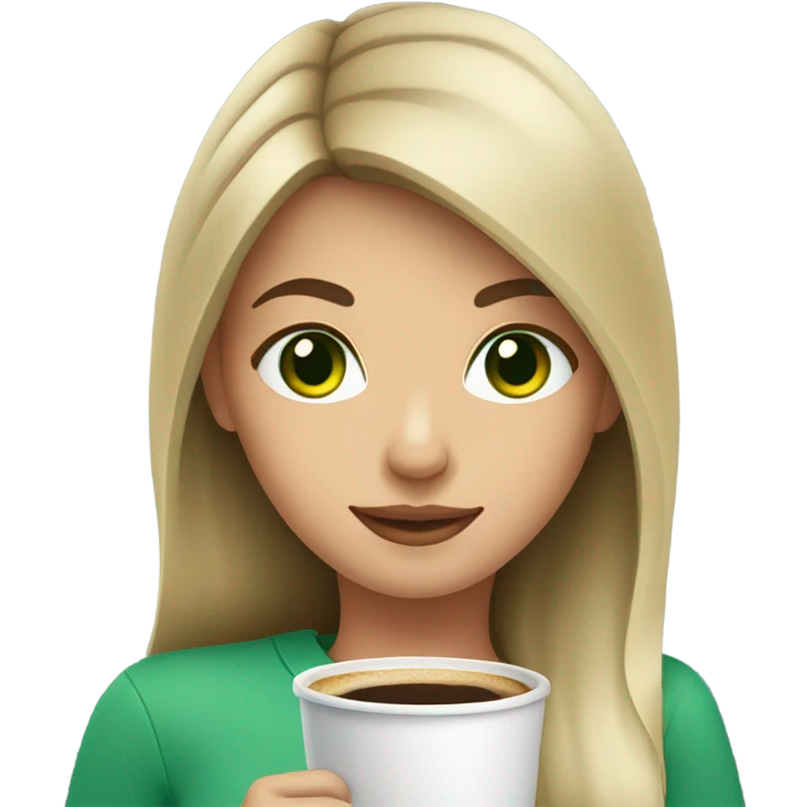 Girl with darkblonde hair, green eyes and a coffee cu emoji