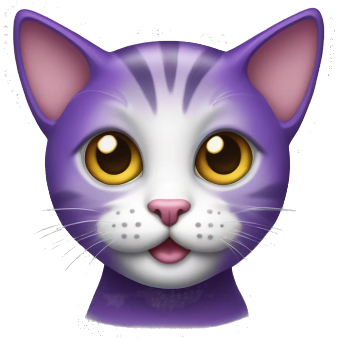 Um gato roxo com a parte branca dos olhos preta com as pupilas brancas e com uma boca sorridente com duas bolachinhas das bochechas dele emoji