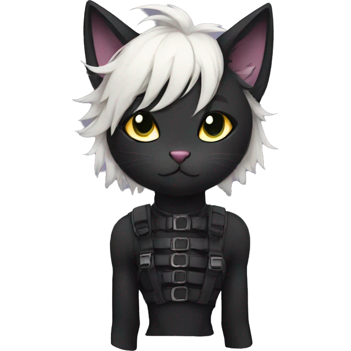 Anthro Beautiful Black Cat-Fursona-Fakemon with Emo Hair-bangs with Chest Harness emoji