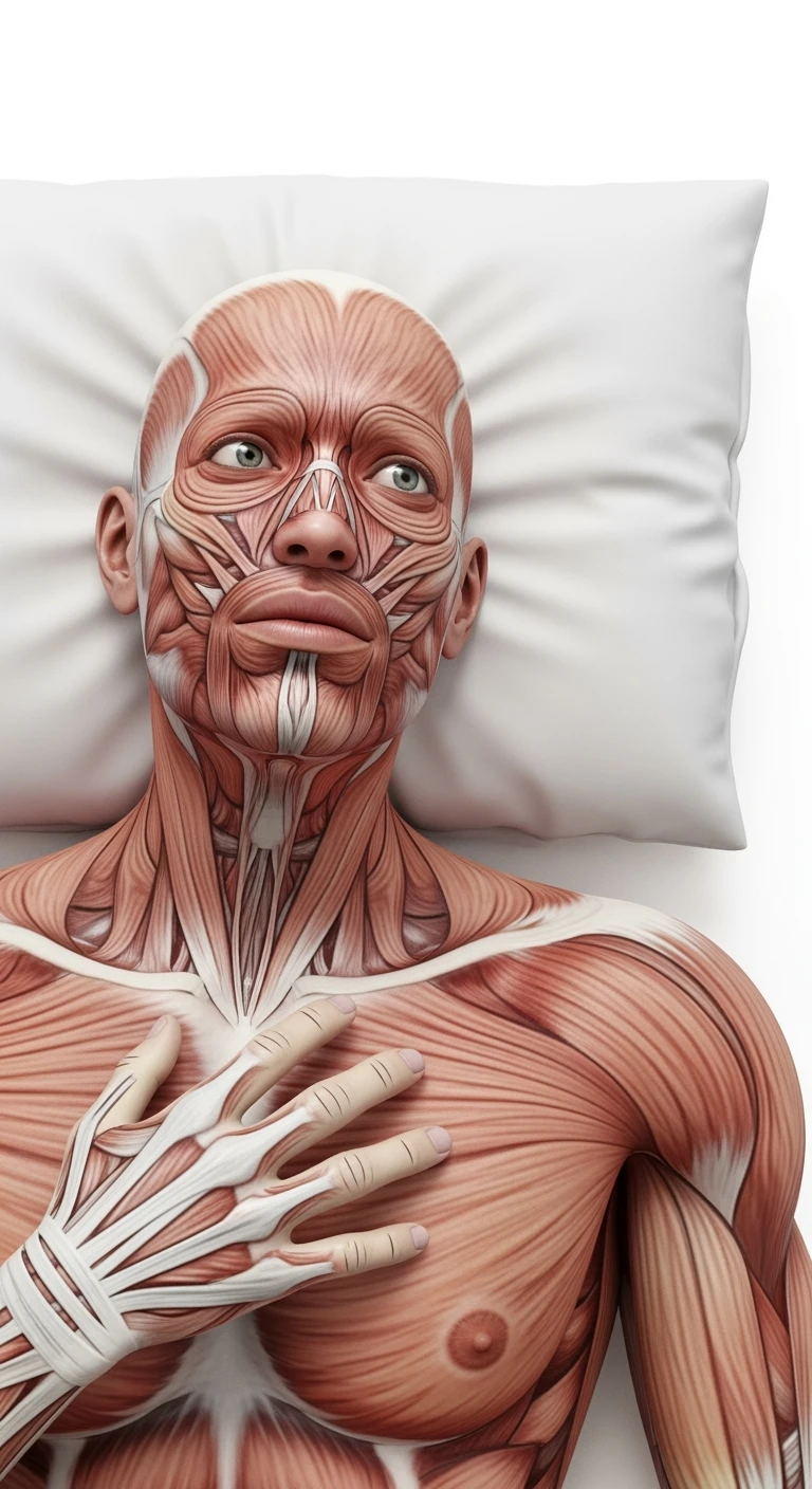 corpo umano anatomico realistico con la testa poggiata sul cuscino ma gli occhi aperti perché non riesce a dormire, visto dall'alto, sfondo bianco
IPERREALISTICO 4K emoji