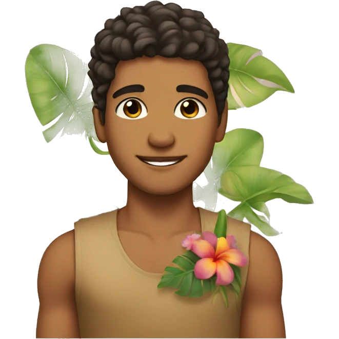 Tropical tan boy with long lashes and brown eyes with a flower in left ear  emoji