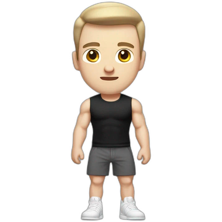 Confused Pale skinned Fit Man With the biceps and dark brown hair in black shirt, gray sports shorts and white Sneakers emoji