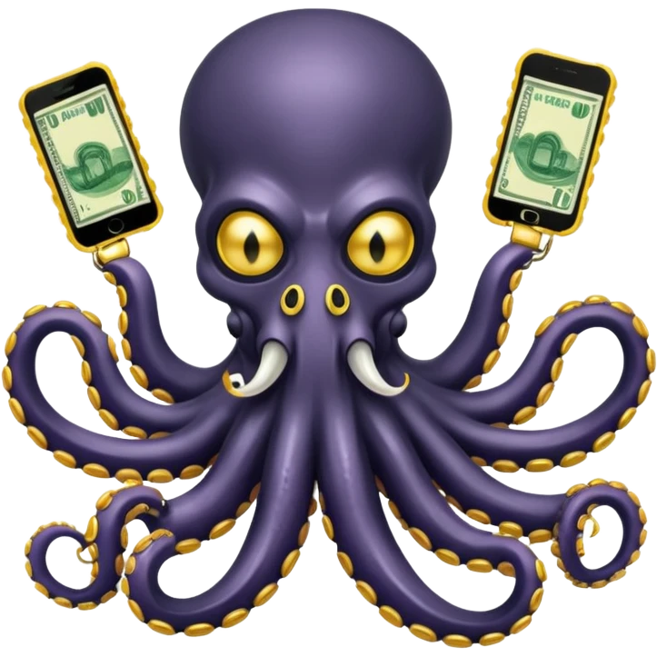 Intimidating octopus with pearl black skin, neon suction cups. Evil glaring eyes. Wearing white face mask and thick gold chain. 2 tentacles are holding their own cellphone, 2 more tentacles are holding stacks of money. emoji