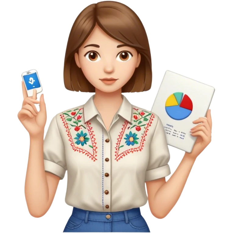 A Ukrainian girl with brown hair in an embroidered shirt holds a diagram in her hand emoji