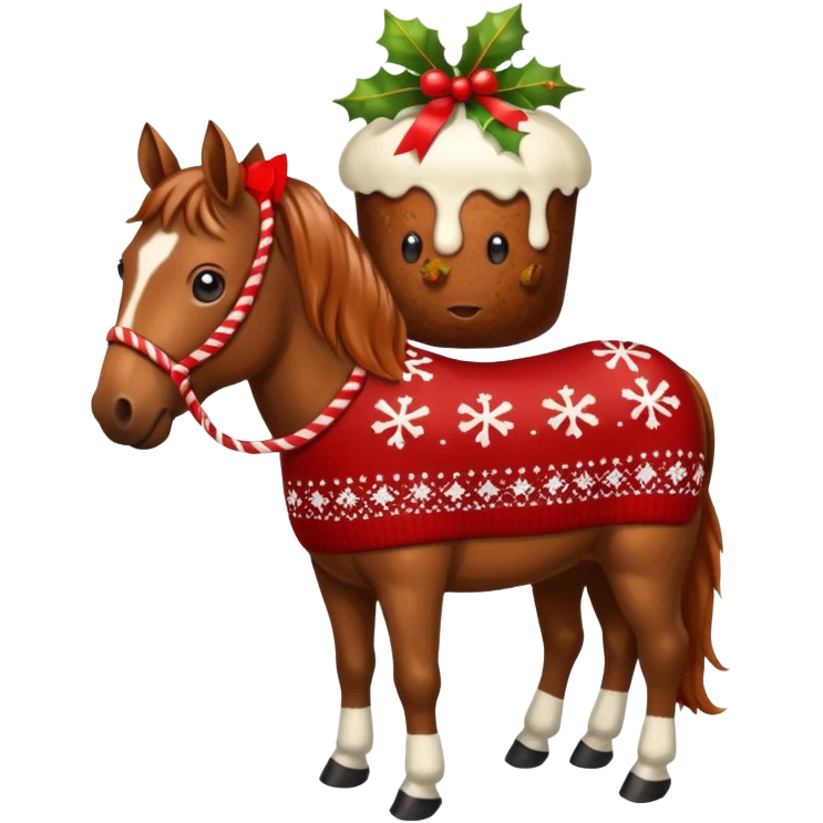 Xmas horse with red bows and a Christmas pudding jumper emoji