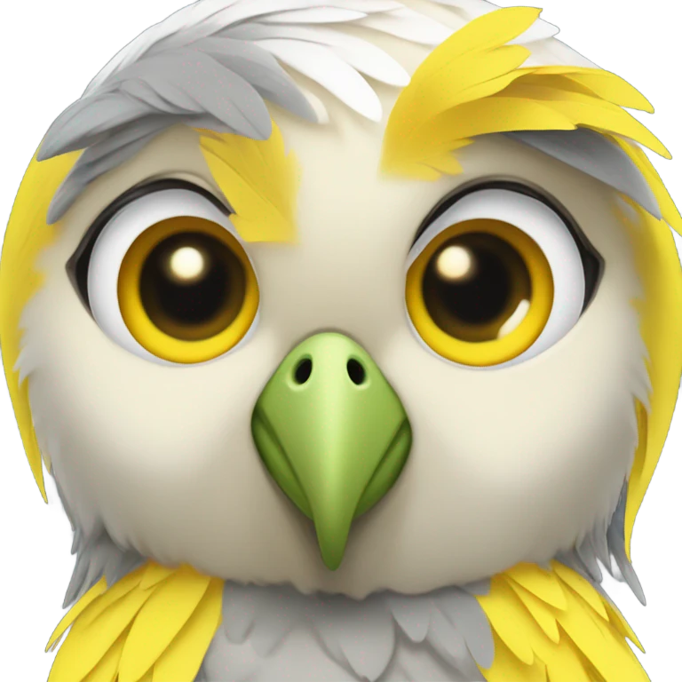 A cockatiel’s head with a yellow and gray , depicted as a girl in a cute, cartoon toy-like manner, smiling sweetly. emoji