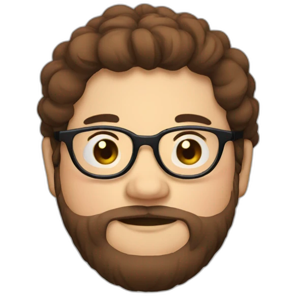 Chubby, non binary, round glasses, attached long brown hair, beard, sleepy smiling hug emoji