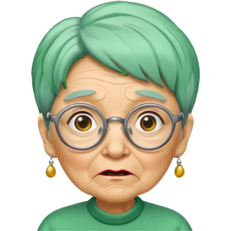 green haired grandma with wrinkles and glassess, surprised emoji