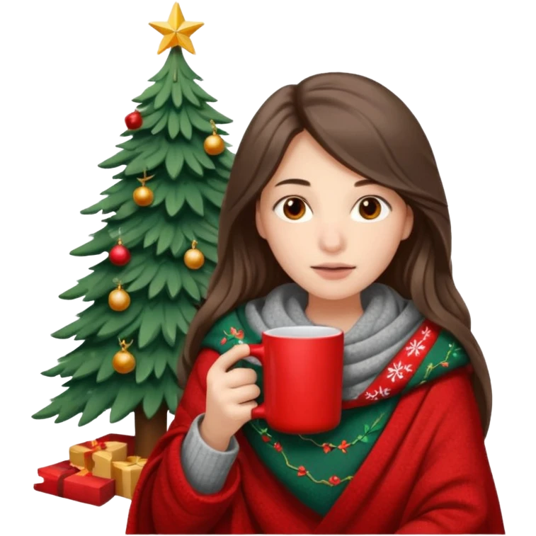 Brown eyes, fair skin, hooked nose, full lips, long hair down to her shoulders, wrapped in a gray blanket, drinking from a red mug with a Christmas tree emoji