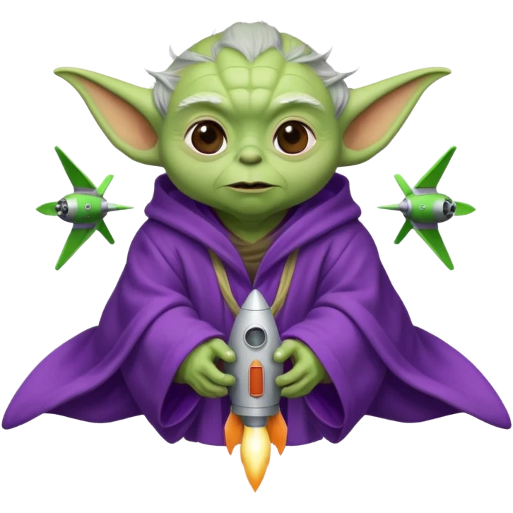 yoda in a purple robe flying in a rocket emoji