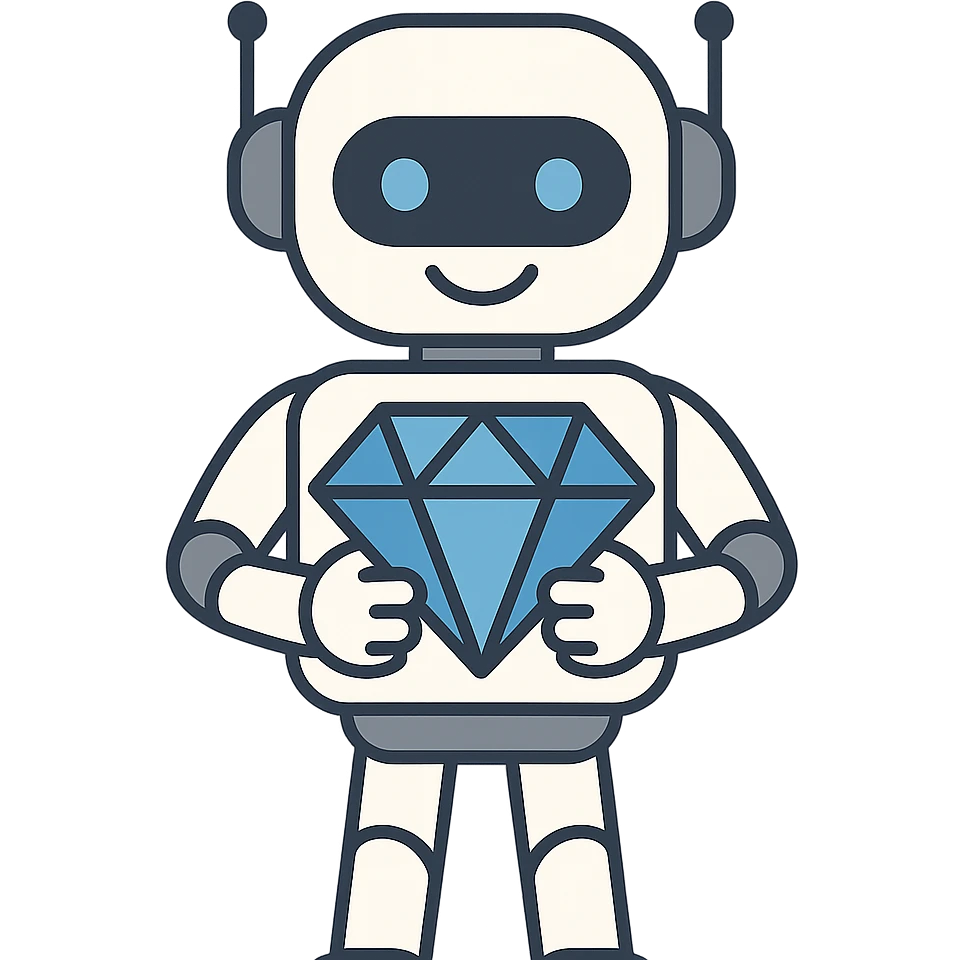 flat design style smiling robot holding a blue diamond emoji