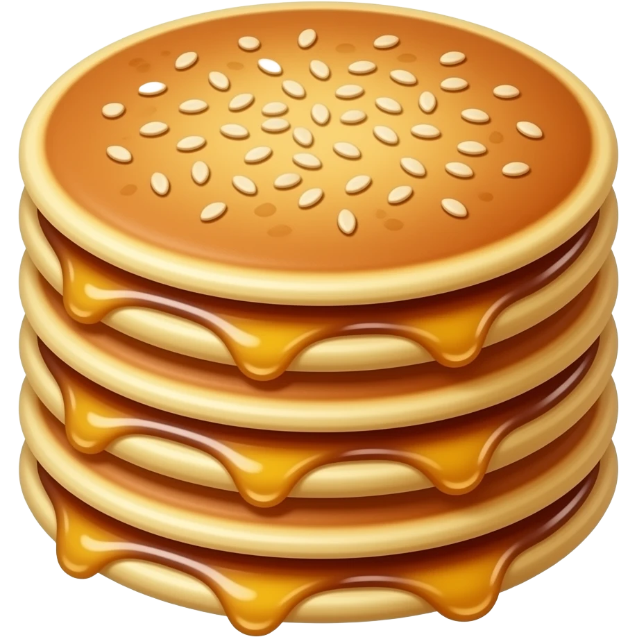 Korean hotteok, realistic, stacked pancakes, syrup filling, sesame seeds, food photography emoji
