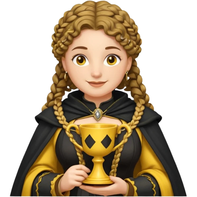 Helga Hufflepuff, 2 curly thick brown braids, yellow-black medieval dress, black cloak decorated with gold braiding, tiny two-handled shiny yellow-gold cup, very kind smile, curvy busty sweet woman, thick rosy cheeks emoji