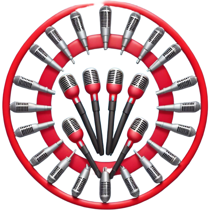 Create a vibrant and dynamic emoji that represents choral vocal performance. The design should feature 10 vintage stage microphones arranged in a semi-circle on a concert stage, symbolizing a vocal group or choir. Add musical notes flowing around the microphones to represent harmony and unity in the performance. Include concert lighting and a celebratory atmosphere to convey the excitement of live music. Use bright, bold colors like red, gold, and silver to emphasize the energy and glamour of the stage. The background should be transparent. emoji