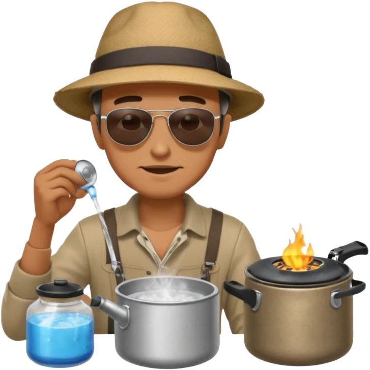 A man camper boiling water on a portable stove, enjoying the outdoor emoji