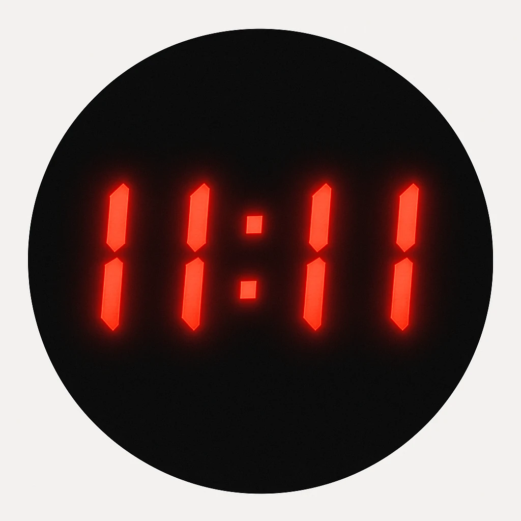 emoji with a black circle background, '11:11' in red segmented digital clock font, glowing effect emoji