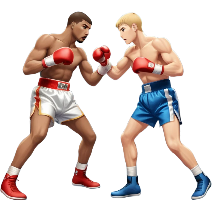 Two professional boxers in the ring, fighting for the world champion title. One delivers a long punch to the head, while the other skillfully dodges. The background features a crowded arena with bright lights and intense action. Transparent background emoji