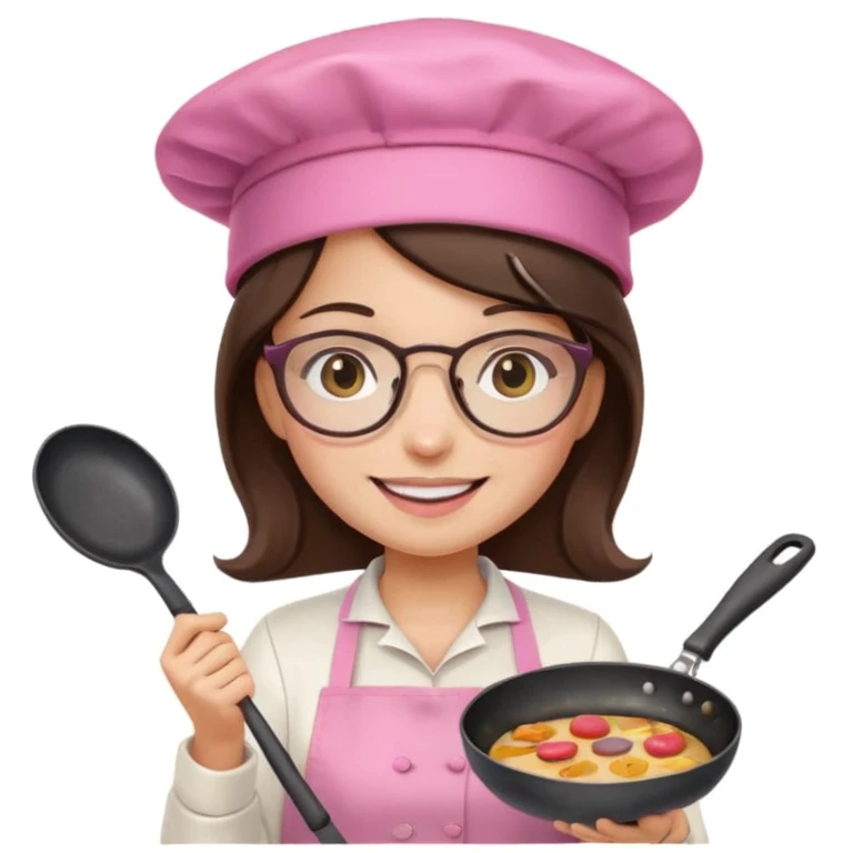 brunette girl with glasses and a pink kitchen hat cooking, holding a frying pan, emoji style emoji