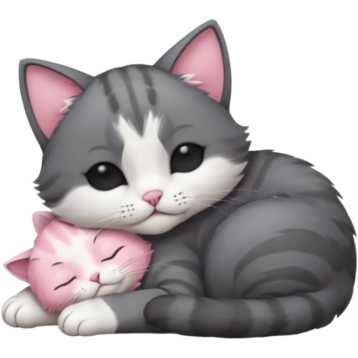 dark grey and white small cat with his eyes closed, leaning his head on his paw while leaning on his elbow lying down emoji
