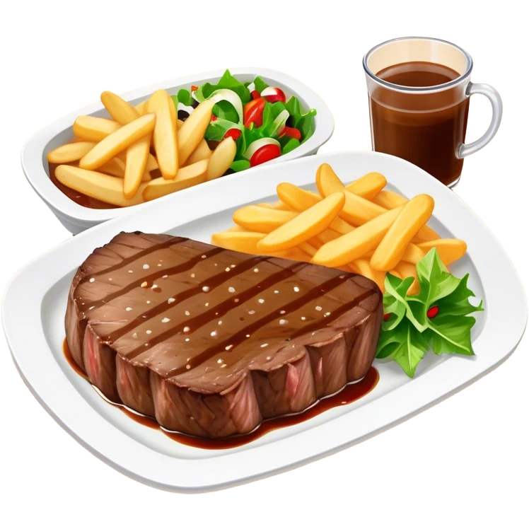 big juicy australian steak meal featuring chips, small salad in a ramiken and gravy  emoji
