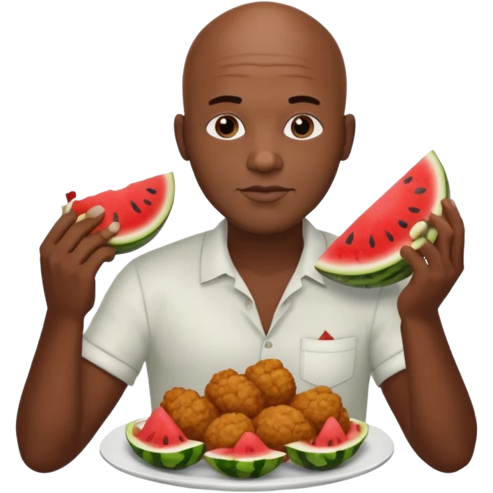 black bald man eating watermelon with his left hand and fried chicken with his right hand emoji