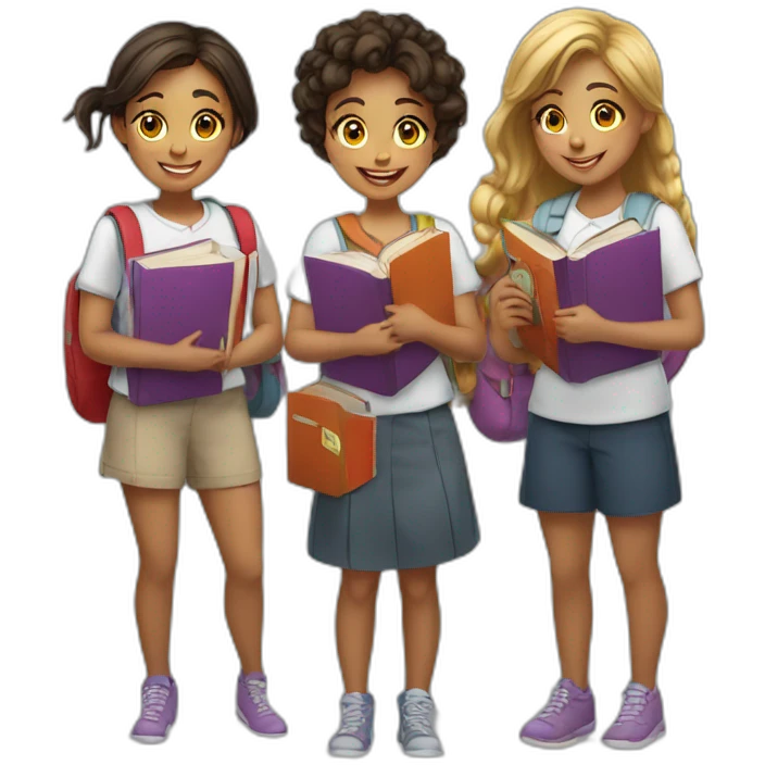 4 student girls with their books . and little bit smile emoji