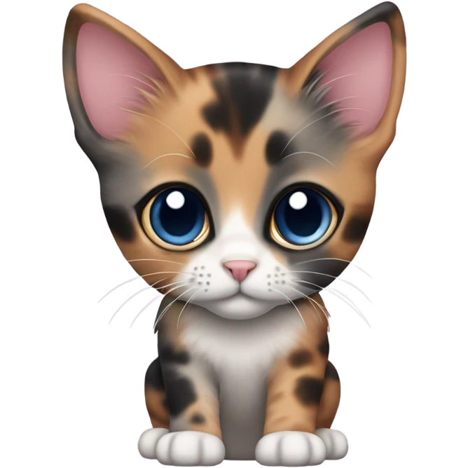 Cute, dusty rose, dark grey and white tortoiseshell kitten. Full view of cat. Deep blue eyes and pink nose emoji