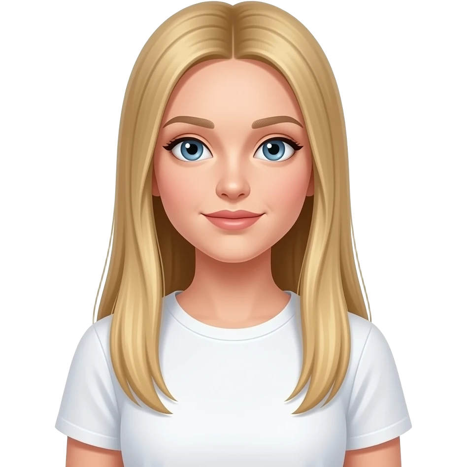 bella ragazza russa bionda capelli lisci lunghi e occhi chiari, con maglietta bianca e sono emoji