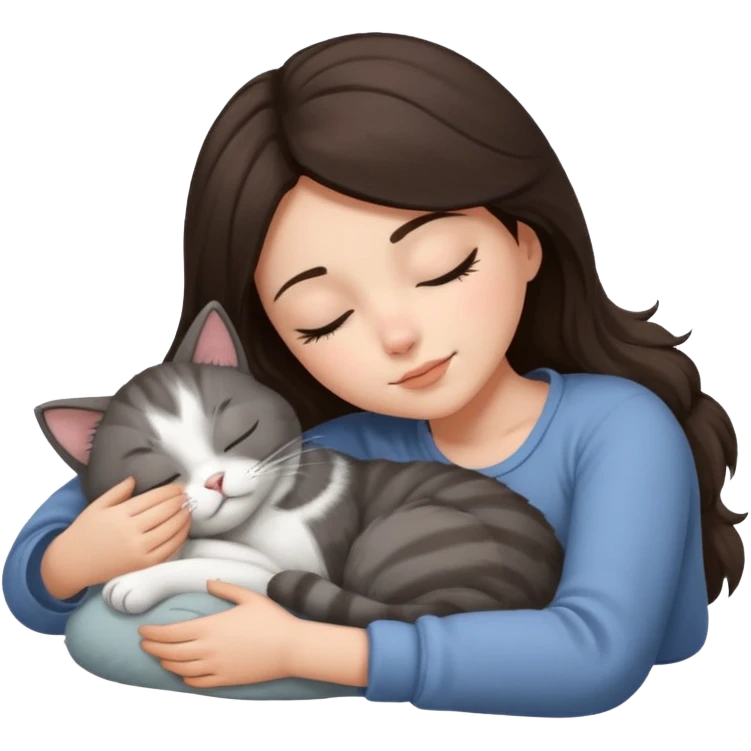 Brunette girl  sleeping with grey white  cat emoji