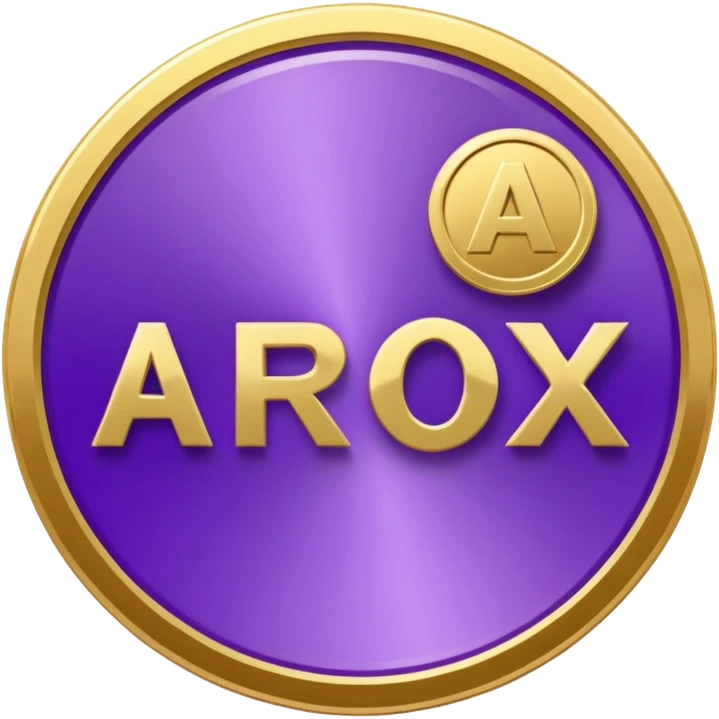 A purple coin spinning in the air. On the front side of the coin, the word 'Arox' is written in large, modern, and shiny letters. Just below 'Arox', in smaller size and simple font, it says 'WEB | SCRIPT | SITE'. The background is dark, with cinematic lighting highlighting the coin’s shine. emoji